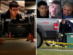 This montage shows crime scenes in Calgary (left) and Edmonton (right) and the "persons of interest" being sought in each case, which police say are connected.