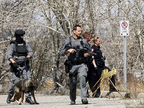 Calgary police and the tac unit arrest four males for robbery at a trailer park off of Blackfoot Trail as the males hid in the bush between Blackfoot Trail and Deerfoot Trail in Calgary on Wednesday May 2, 2018.