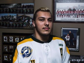 Kaleb Dahlgren, one of the survivors of the deadly Humboldt Broncos bus crash stands for a portrait in his home in Saskatoon on May 7, 2018.