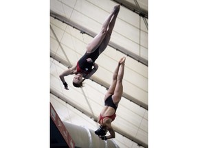 Three-time Olympic medallist Meaghan Benfeito, right, and Caeli McKay practice for the upcoming Canada Cup FINA Diving Grand Prix in Calgary, Alta., Wednesday, May 9, 2018. The competition starts on Thursday and finishes on Sunday.