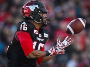 Calgary Stampeders' Marquay McDaniel catches the ball during second quarter CFL Western Final football action against the B.C. Lions in Calgary, Sunday, Nov. 20, 2016. The Calgary Stampeders released receiver Marquay McDaniel on Friday. McDaniel played in 15 regular-season games for Calgary last season and had 65 catches for 860 yards and four touchdowns.