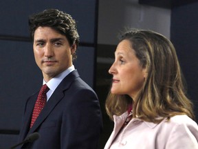 Prime Minister Justin Trudeau and Foreign Affairs Minister Chrystia Freeland speak at a press conference in Ottawa on Thursday, May 31, 2018. Canada is imposing dollar-for-dollar tariff "countermeasures" on up to $16.6 billion worth of U.S. imports in response to the American decision to make good on its threat of similar tariffs against Canadian-made steel and aluminum.