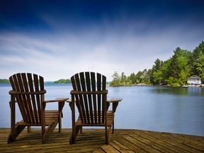 A couple of wooden Muskoka chairs sitting on the dock with a lake and cottages across in the background. Perfect for cottage related applications