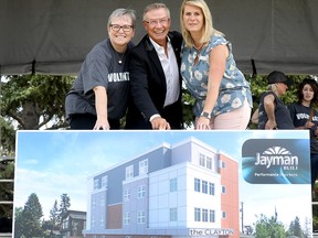 L-R, †Diana Krecsy, president and CEO, Calgary Homeless Foundation, Jay Westman, CEO, Jayman BUILT and Bernadette Majdell, CEO, HomeSpace Society as Jayman BUILT (Jayman), the RESOLVE Campaign, Calgary Homeless Foundation (CHF) and HomeSpace Society (HomeSpace) hosted a ceremonial ground-breaking and name unveiling of a new development in Bowness that will provide housing for 30 of Calgaryís vulnerable and homeless residents in Calgary on Saturday May 12, 2018. Darren Makowichuk/Postmedia