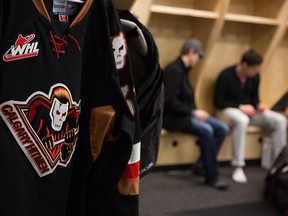 Inside the Calgary Hitmen dressing room at Scotiabank Saddledome.