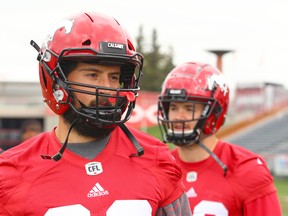 Calgary Stampeders Canadian running backs William Langlais (L) and Charlie Power are shown during practice at McMahon Stadium in Calgary on Wednesday 30, 2018.  Jim Wells/Postmedia