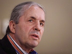 Former professional wrestler Bret Hart is shown at a news conference in Calgary, Alta., Monday, March 7, 2016.THE CANADIAN PRESS/Jeff McIntosh ORG XMIT: CPT112