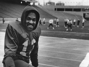 Edmonton Eskimos' Larry Highbaugh stretches at practice in Edmonton, Nov.17, 1981. Larry Highbaugh, the speedy defensive back-kick returner who helped the Edmonton Eskimos win six Grey Cups, has died. He was 67. THE CANADIAN PRESS/Dave Buston ORG XMIT: CPT125