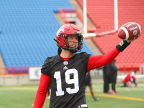 Calgary Stampeder QB Bo Levi Mitchell tosses the football on the sidelines during practice at McMahon Stadium in Calgary on Wednesday, May 30, 2018. The team plays their first pre-season game on Friday. Jim Wells/Postmedia