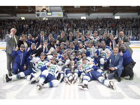 The Swift Current Broncos pose for a team picture after winning the WHL final on Sunday with a 3-0 decision over the Everett Silvertips. Photo by Robert Murray/WHL.