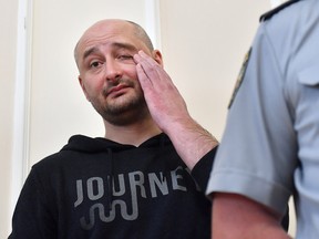 Anti-Kremlin Russian journalist Arkady Babchenko speaks during a press conference at Ukrainian Security Service in Kiev on May 30, 2018.