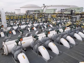 Pipes are seen at the Kinder Morgan Trans Mountain facility in Edmonton, Thursday, April 6, 2017. (THE CANADIAN PRESS/Jonathan Hayward)