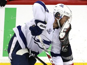 Chris Kunitz of the Tampa Bay Lightning gets kicked in the face at Capital One Arena on May 17, 2018 in Washington, DC. (Patrick Smith/Getty Images)