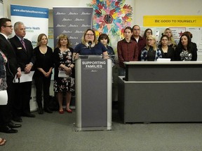 Alberta Health Minister Sarah Hoffman (at podium) announced the expansion of mental health supports to youth in schools across Alberta on Monday May 7, 2018 at Jasper Place School in Edmonton. (PHOTO BY LARRY WONG/POSTMEDIA)
