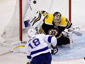 Tampa Bay Lightning left wing Ondrej Palat beats Boston Bruins goaltender Tuukka Rask for a goal during the first period of Game 3 of an NHL second-round hockey playoff series in Boston, Wednesday, May 2, 2018.