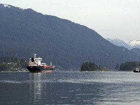 Oil tanker anchored outside the Kinder Morgan terminal in Burrard Inlet, Burnaby, B.C.