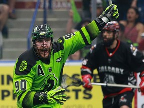 The Saskatchewan Rush's Ben McIntosh celebrates a goal against Calgary Roughnecks during a one-game, sudden-death playoff game at SaskTel Centre in Saskatoon, Sask. on May 10, 2018. The Rush won the game 15-13.