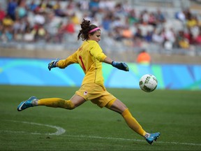 Canada goalkeeper Stephanie Labbe kicks the ball during a semi-final match of the women's Olympic football tournament between Canada and Germany at the Mineirao stadium in Belo Horizonte, Brazil, Tuesday Aug. 16, 2016. (The Canadian Press/Eugenio Savio)