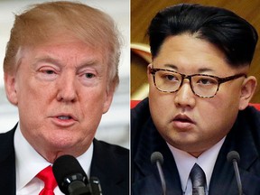 This combination of two file photos shows U.S. President Donald Trump, left, speaking in the State Dining Room of the White House, in Washington on Feb. 26, 2018, and North Korean leader Kim Jong Un attending in the party congress in Pyongyang, North Korea on May 9, 2016. (AP Photo/Evan Vucci, Wong Maye-E, File)