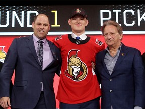 DALLAS, TX - JUNE 22:  Brady Tkachuk poses after being selected fourth overall by the Ottawa Senators during the first round of the 2018 NHL Draft at American Airlines Center on June 22, 2018 in Dallas, Texas.  (Photo by Bruce Bennett/Getty Images)