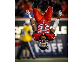 Calgary Stampeders Don Jackson celebrates after his touchdown against the Ottawa Redblacks during CFL football in Calgary on Thursday, June 28, 2018. Al Charest/Postmedia