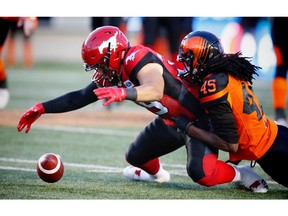Calgary Stampeders Boston Rowe with a fumble against the BC Lions during CFL pre-season football in Calgary on Friday, June 1, 2018. Al Charest/Postmedia