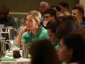 Canadian Olympian Beckie Scott listens during the World Anti-Doping Agency (WADA) Global Athlete Forum in Calgary on Monday June 4, 2018. Hosted by the Canadian Olympic Committee. There are 120 athlete leaders from around the world in Calgary to discuss key developments in anti-doping, including current issues and concerns such as athlete rights. Gavin Young/Postmedia