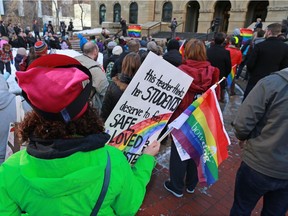 Several hundred people rally in support of gay-straight alliances (GSAs) and Bill 24 at McDougall Centre in downtown Calgary on Nov. 12, 2017.
