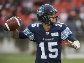 Toronto Argonauts quarterback Ricky Ray (15) prepares to make a throw during the first half of CFL football game action against the Calgary Stampeders at BMO Field in Toronto, Ontario on Saturday June 23, 2018. THE CANADIAN PRESS/Cole Burston