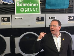 Green Party leader Mike Schreiner holds the launch for his party's provincial campaign at the Neighbourhood Laundromat Cafe in London, Ont. on May 11, 2018. (HANK DANISZEWSKI/Postmedia Network)