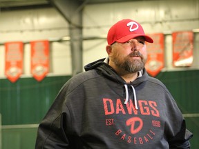 Mitch "Big Bear" Schmidt talks to media at Duvernay Fieldhouse in Okotoks