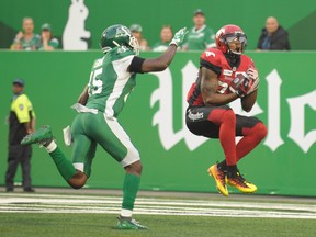 Calgary Stampeders slotback Kamar Jorden hauls in a touchdown pass during first half pre-season CFL action at Mosaic Stadium in Regina on Friday, June 8, 2018. THE CANADIAN PRESS/Mark Taylor ORG XMIT: MT114