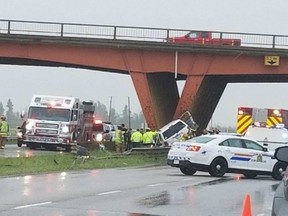 Emergency crews on the scene of a deadly crash near Olds that left two people dead on Sunday, June 10, 2018. Photo courtesy Nicholas Goulet