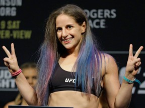 MMA fighter Sarah Moras during an official UFC 215 weigh-in in Edmonton on Sept. 8, 2017 for UFC 215.
