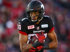 Calgary Stampeders' Eric Rogers comes down with a touchdown catch during first half CFL western semifinal football action against the BC Lions in Calgary, Sunday, Nov. 15, 2015