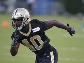Delvin Breaux goes through drills during a practice with the New Orleans Saints on June 15, 2017. Breaux is returning to the Hamilton Tiger-Cats. (THE CANADIAN PRESS/PHOTO)