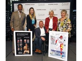 L-R, Damon Allen, Chandra Crawford, Jeff Adams, Dr. Sandra Kirby and Mary Baker - posthumous induction - represented by her daughter, Maureen Baker are part of the Class of 2018 Inductees who did a media conference at Canada's Sports Hall of Fame in Calgary on Thursday June 14, 2018. Darren Makowichuk/Postmedia