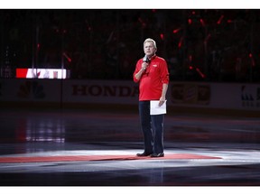 Entertainer Pat Sajak, a Washington Capitals season ticket holder, introduces the players for the Capitals and the Vegas Golden Knights before Game 3 of the NHL hockey Stanley Cup Final, Saturday, June 2, 2018, in Washington.