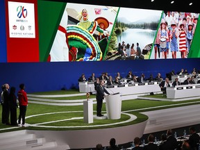 Decio de Maria, President of the Football Association of Mexico, presents a joint United bid by Canada, Mexico and the United States to host the 2026 World Cup at the FIFA congress in Moscow, Russia, Wednesday, June 13, 2018.