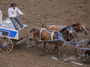 Doug Irvine led from start to finish in Heat 3 at the Calgary Stampede in Calgary, Ab., on TUESDAY, JULY 10. Mike Drew/Postmedia. Mike Drew/Postmedia