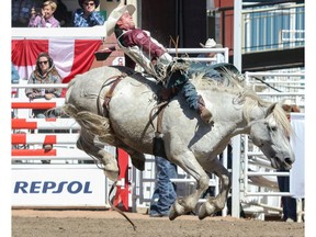 Richie Champion rides Virgil to win the Bareback final in the Stampede Rodeo at the Calgary Stampede in Calgary, Ab., on Sunday July 15, 2018. Mike Drew/Postmedia