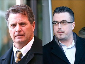 Bradford McNish (L) and Bryan Morton (R) walk out of Calgary Courts as the corruption trial begins for three Calgary city cops on Monday Feb. 5, 2018.