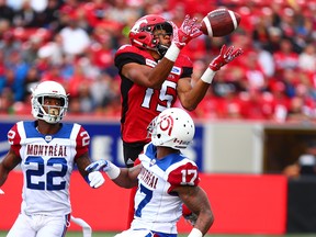 Calgary Stampeders receiver Eric Rogers catches a pass during CFL action against the Montreal Alouettes at McMahon Stadium in Calgary on July 21. While the star receiver is making progress from his injury, he won't be in the lineup this Saturday.