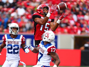 Calgary Stampeders receiver Eric Rogers catches a pass during CFL action against the Montreal Alouettes at McMahon Stadium in Calgary on Saturday July 21, 2018.