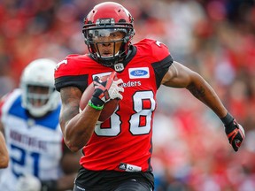 Calgary Stampeders Kamar Jorden runs for a touchdown against the Montreal Alouettes during CFL football in Calgary on Saturday, July 21, 2018.