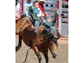 Richmond Champion of Dublin, Texas rides Garden Party to a score of 86.50 in Day 1 of the Bareback Riding event during the 2018 Calgary Stampede on Friday, July 6, 2018. Al Charest/Postmedia