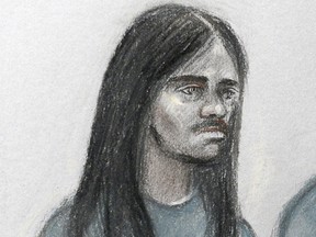 This court artist sketch by Elizabeth Cook shows Naa'imur Zakariyah Rahman.