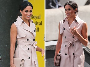 Two views of Meghan, Duchess of Sussex at the official opening of the Nelson Mandela Centenary Exhibition in London. She's wearing wearing a sleeveless trench dress by the Calgary brand Nonie.