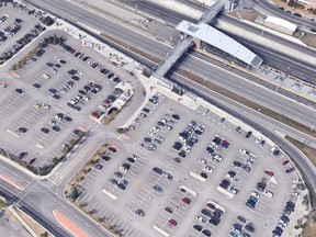 View of the Crowfoot CTrain station. A portion of the parking lot has been closed due to a depression in the pavement.