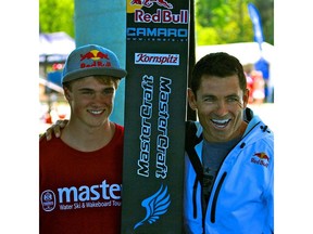 Dorien Llewellyn (left) with his dad, Jaret. Both are world-class waterskiers.